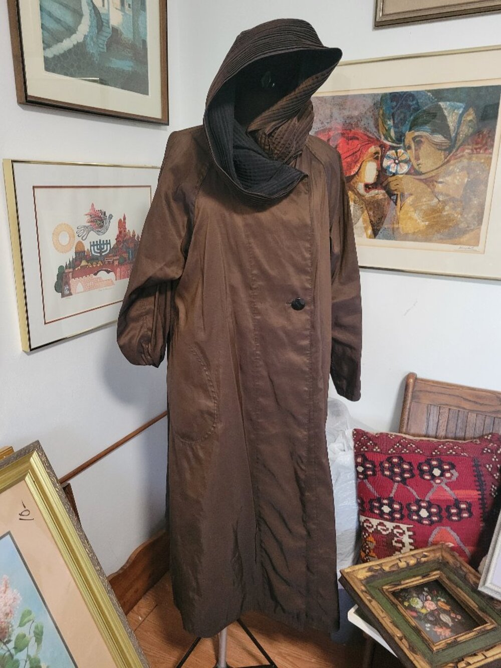 Vintage Huge Hooded Raincoat 80's Reversible Metalic Brown and Black